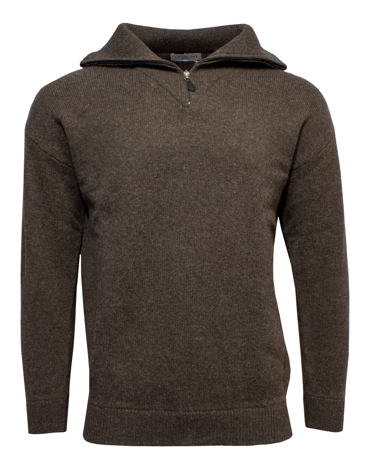The Landline Zip Neck Jumper is a brown, long-sleeve wool sweater with a short collar zipper and ribbed cuffs and hem, providing durable winter wear. Displayed on a plain white background.