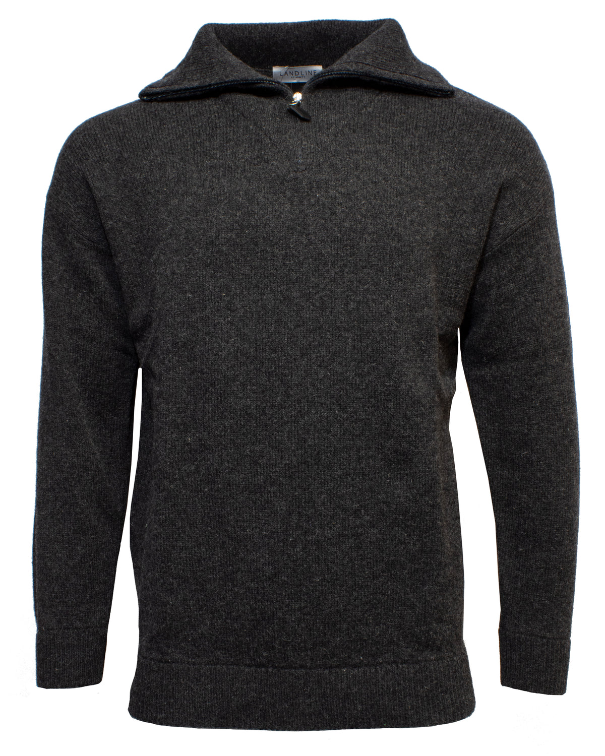 The Landline Zip Neck Jumper is a dark grey, long-sleeve wool sweater featuring a high collar and short zip neck, shown on a plain white background—ideal for anyone looking for a warm and durable winter garment.