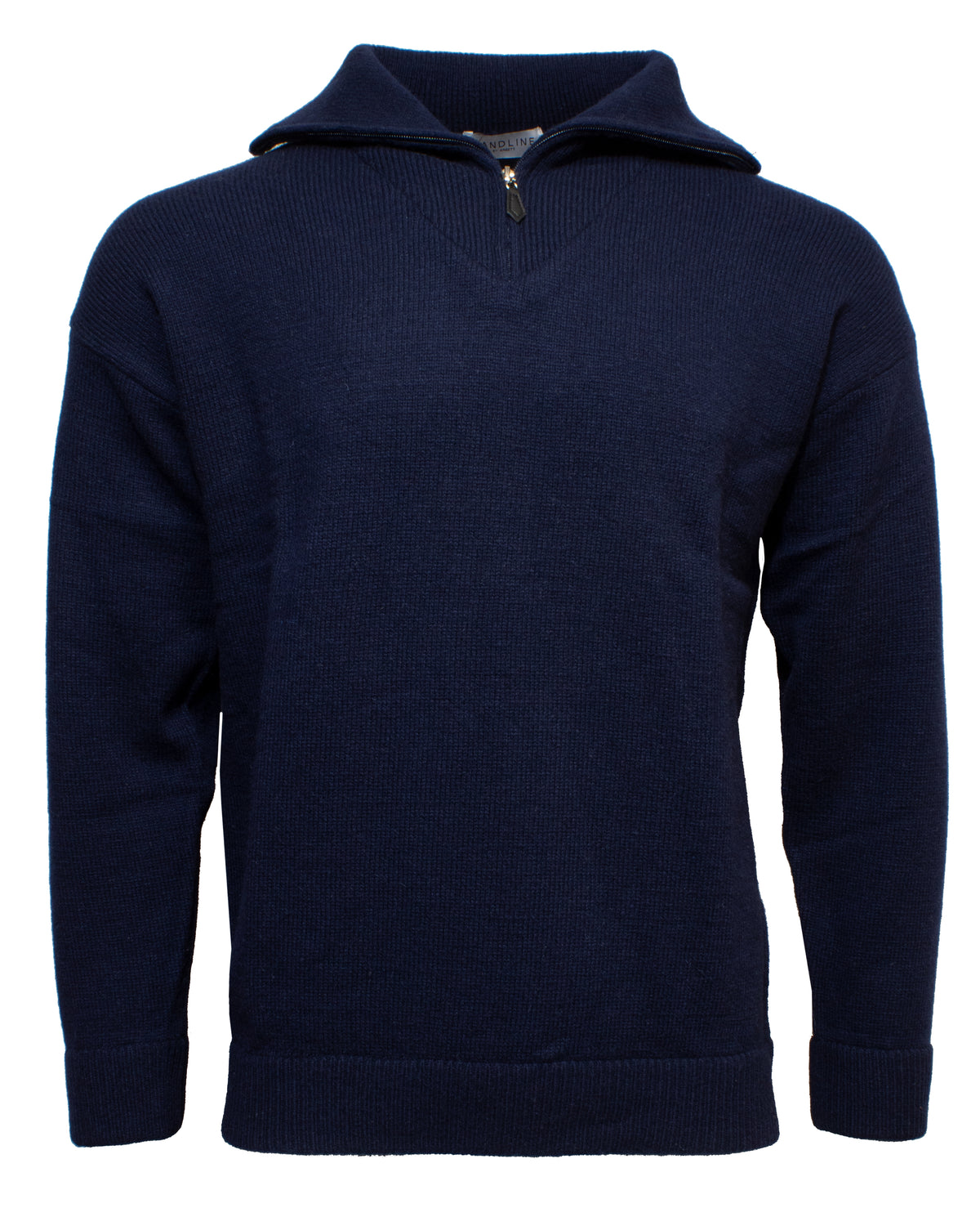 The Landline Zip Neck Jumper is a dark blue long-sleeve wool sweater with a half-zip collar, shown on a plain white background. Ribbed cuffs and hem add durability, making it an ideal winter wardrobe piece.