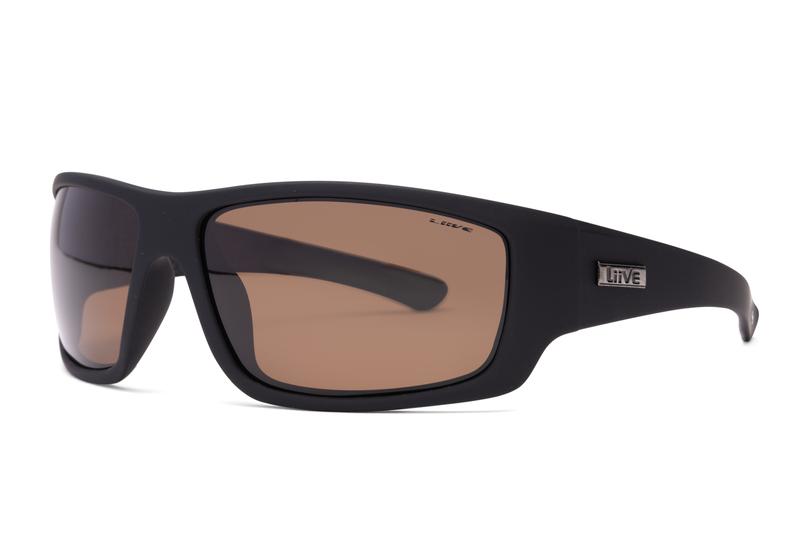 A pair of sleek, slightly curved Liive Kuta Polar Sunglasses with black wraparound frames and polarised brown lenses, featuring a small "Liive" logo on the temple. These sunglasses provide UV protection for those sunny days.