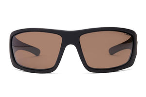 A pair of Liive Kuta Polar Sunglasses featuring large, rectangular, polarized brown lenses with UV protection. The design is sleek and sporty, with slightly curved arms and a solid, sturdy appearance.