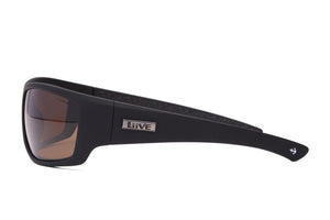 The Liive Kuta Polar Sunglasses are a pair of sleek and modern black sunglasses featuring rectangular polarised brown lenses that offer UV protection. The frame boasts a metallic "Liive" logo on the temple and a small anchor symbol near the temple tip, combining sporty and stylish design elements.