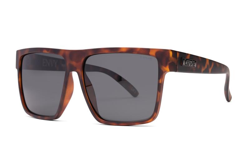 Liive Envy Polar Sunglasses feature a tortoiseshell design with square frames, dark gray polarized lenses for UV protection, and subtly curved arms adorned with a small side logo.