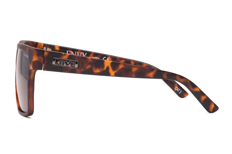 The Liive Envy Polar Sunglasses showcase a tortoiseshell design with a thick frame and polarized lenses for superior UV protection, accented by a silver branded logo on the arm.