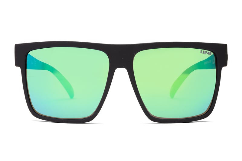 The Liive Envy Mirror Polar Sunglasses feature black frames with large square reflective green lenses offering UV protection. They have thick polycarbonate frames, straight temples, and "LINE" branding on one lens' upper corner, blending fashion with functionality against a white background.