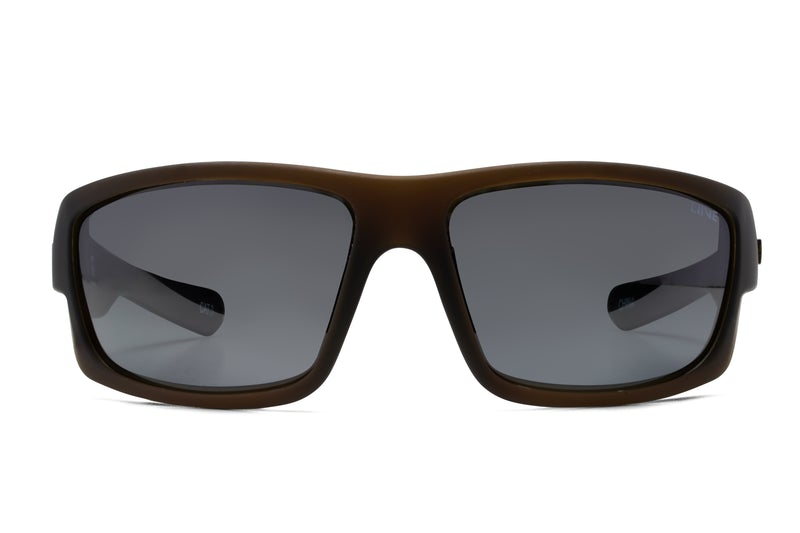 The Liive Polar Exile Sunglasses have a matte brown plastic frame with dark rectangular lenses, wide bridge, and thick temples. They feature polarized grey lenses for superior UV protection, perfectly blending style and functionality.
