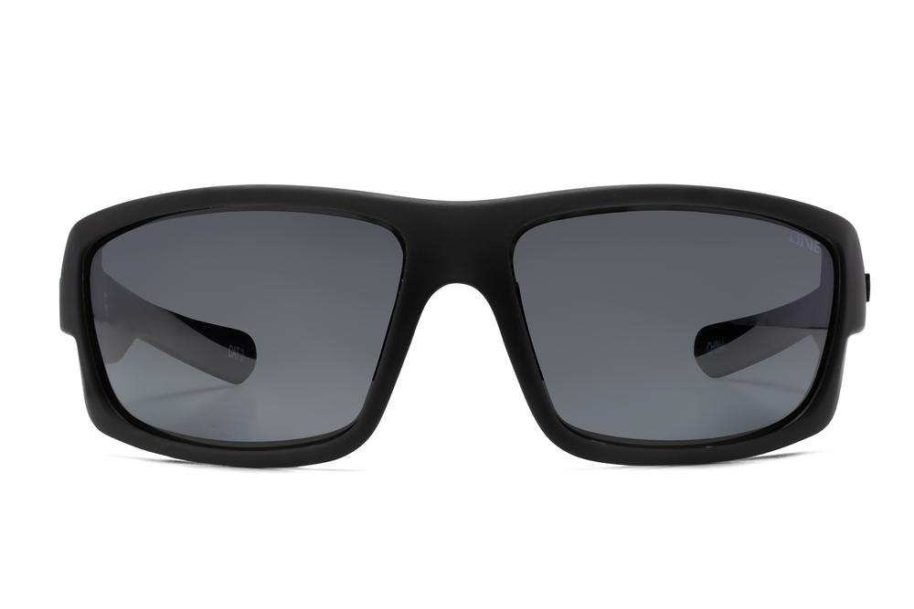 The Liive Exile Sunglasses, featuring a sporty, wraparound design with wide arms, are presented in front of a white background. These black, full-rim sunglasses come with dark tinted lenses and offer UV protection.