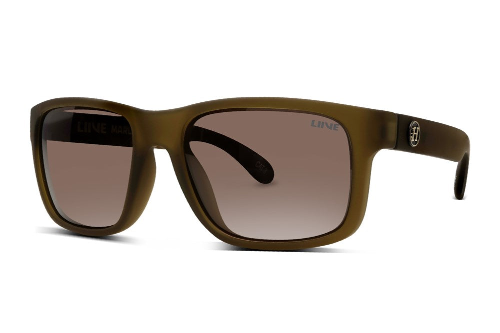 Introducing the Liive Marlin Polar Sunglasses with stylish matte brown rectangular frames and tinted, polarized lenses for enhanced clarity. The slightly thick arms are adorned with a small circular logo, offering chic comfort in bright conditions.