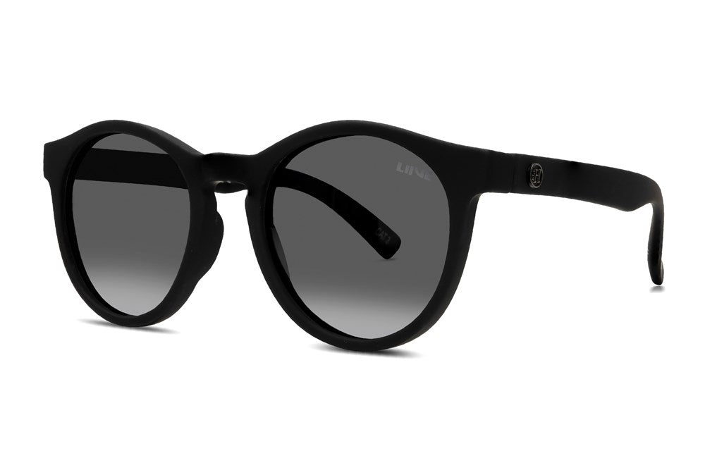 Liive Barra Polar Sunglasses feature trendy black rounded lenses with dark tinting, a sleek matte black frame, and slightly curved temples for comfort.