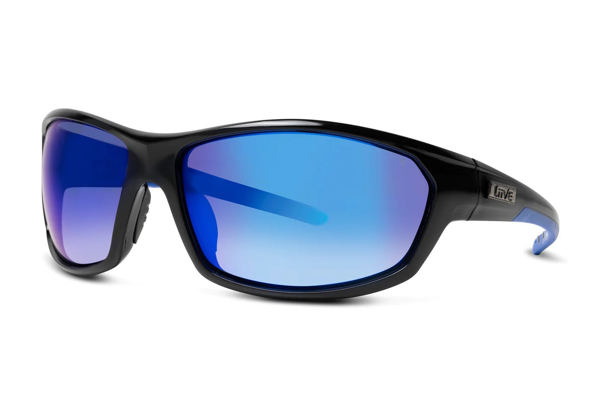 Liive Z Drill Safety Mirror Sunglasses feature reflective blue lenses and a durable polycarbonate frame. The sleek, curved design ensures a snug fit, with shatterproof lenses for UV protection and stylish blue accents on the arms.