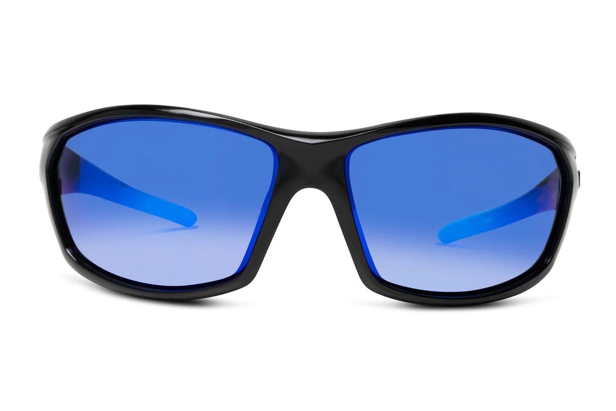 The Liive Z Drill Safety Mirror Sunglasses feature sleek black frames and blue mirrored, shatterproof lenses with UV protection, displayed from the front on a white background.