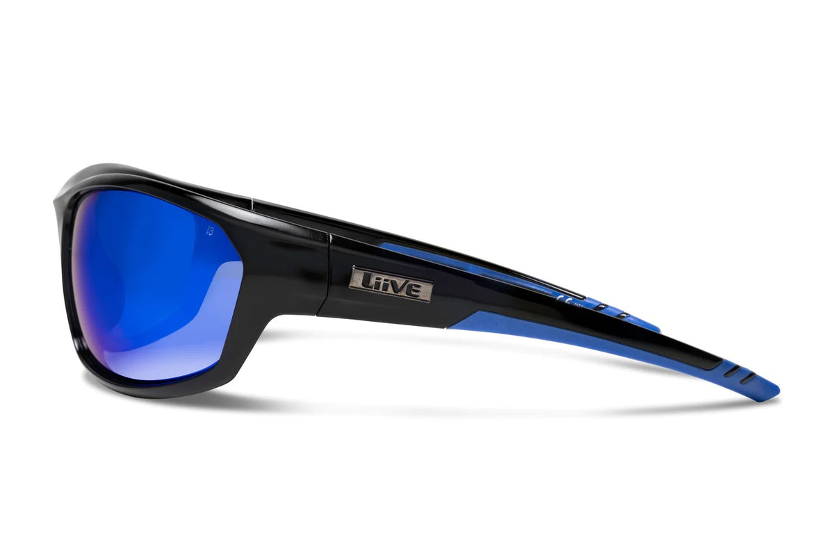 A pair of Liive Z Drill Safety Mirror Sunglasses featuring black and blue wraparound frames, mirrored blue shatterproof lenses with UV protection, and the "Liive" logo on the side.