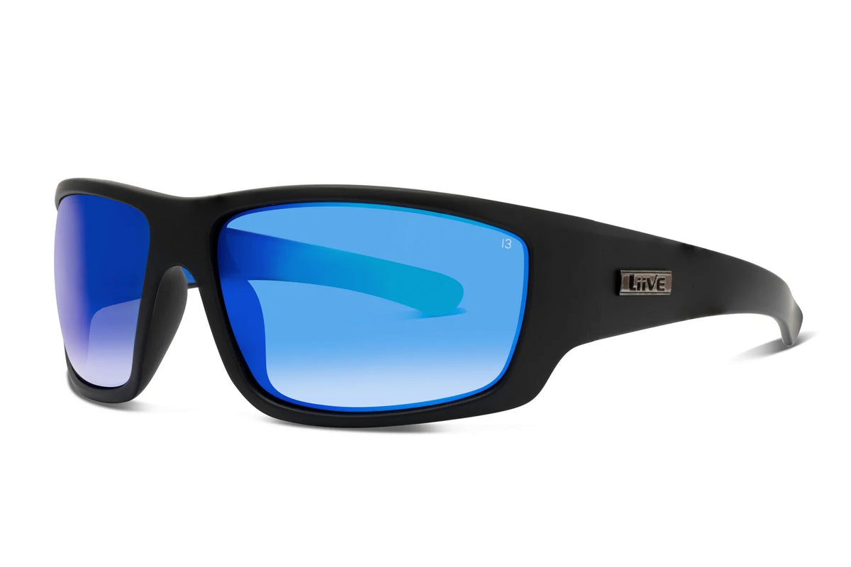 The Liive Z Hammer Safety Mirror Sunglasses boast sleek black frames with UV-protective blue mirror lenses. The thick wraparound design adds a sporty touch, and the brand logo is elegantly displayed on the temple.