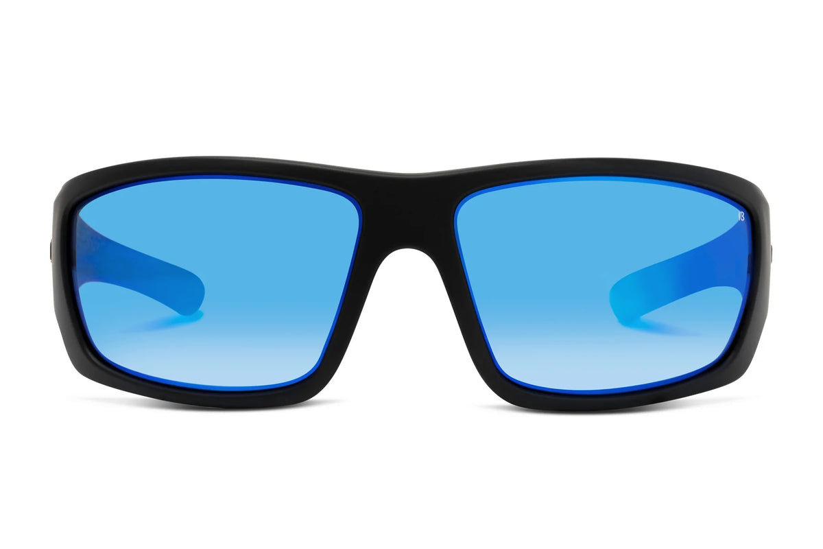 The Liive Z Hammer Safety Mirror Sunglasses feature a sleek black frame and reflective blue mirror lenses. Set against a white background, they highlight a stylish, modern design and offer excellent UV protection.