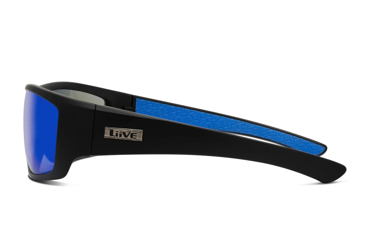 Side view of Liive Z Hammer Safety Mirror Sunglasses with black, shatterproof lenses featuring a reflective blue mirror finish and textured blue inner frame. Wide temple arms offer UV protection and are adorned with metal accent reading "LiVE" near the hinges.