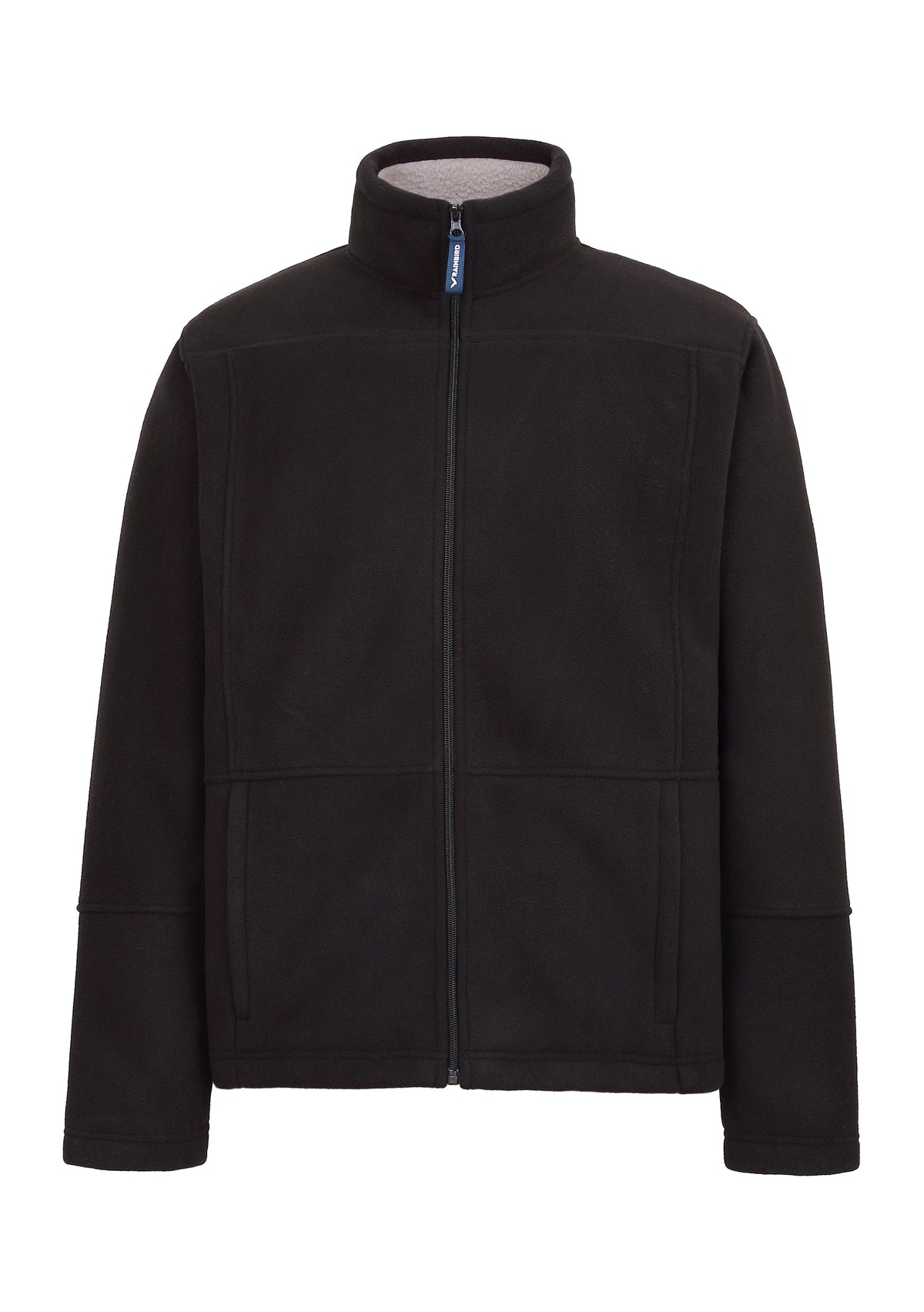 The Rainbird Lumber Jacket is a black polyester fleece-lined jacket with a high collar and front zipper, providing extra warmth. It features two vertical side pockets and boasts a soft, warm feel with a simple, classic design.