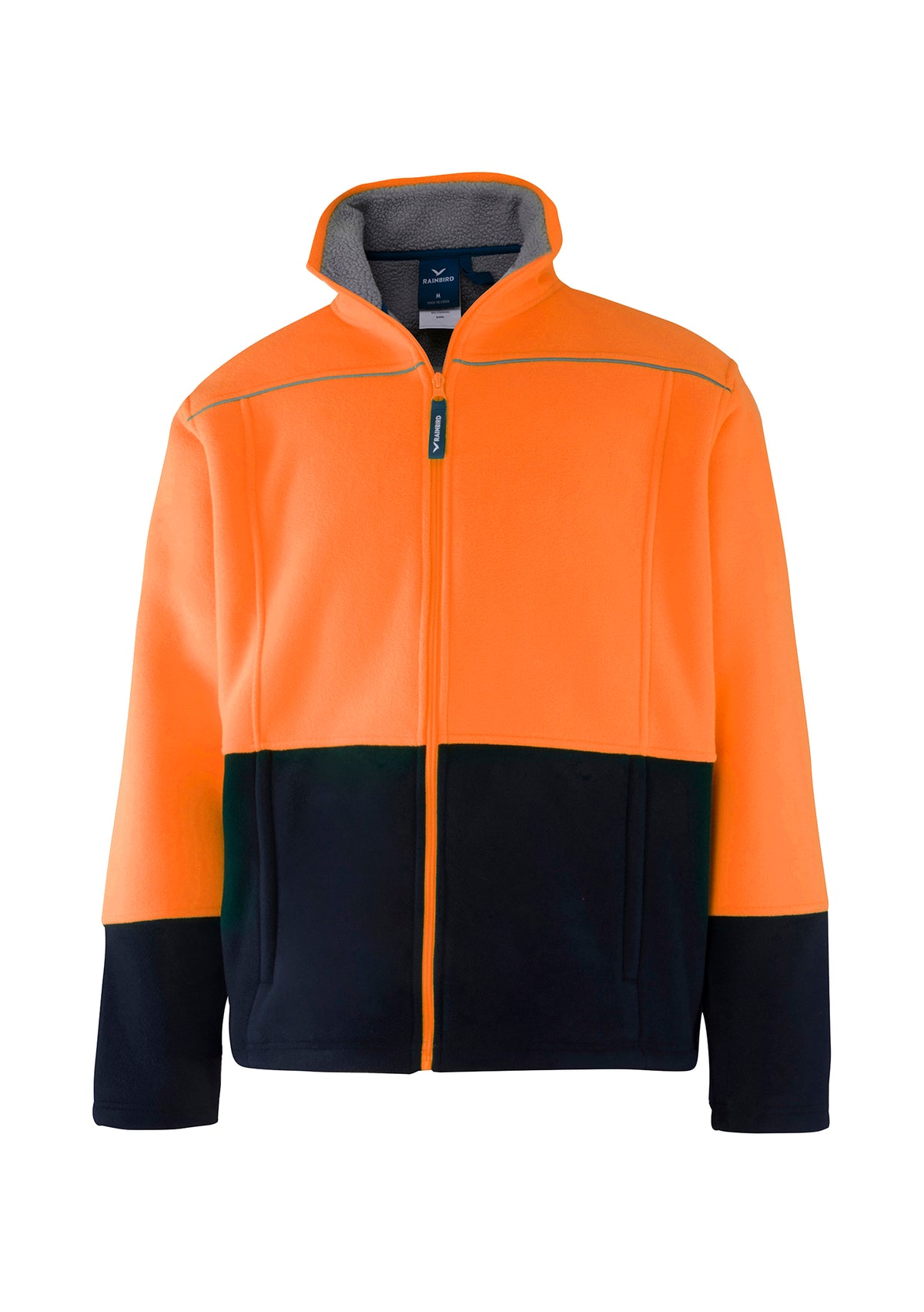 The Rainbird Lumber Jacket boasts a high-visibility design with a bright orange upper half and black lower half. Crafted from durable polyester, it features a full front zipper, two large front pockets, and a stand-up collar. Reflective detailing along the shoulders ensures added visibility.