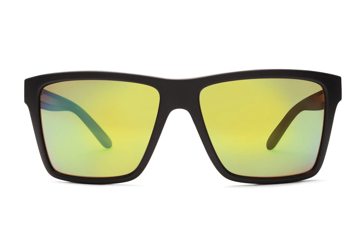 Introducing Liive X Sabotage X Mirror Polar Sunglasses with a sleek black frame and reflective yellow lenses. Their ultra-lightweight, angular design ensures stylish, comfortable outdoor wear—ideal for anyone seeking both fashion and functionality in one bold accessory.