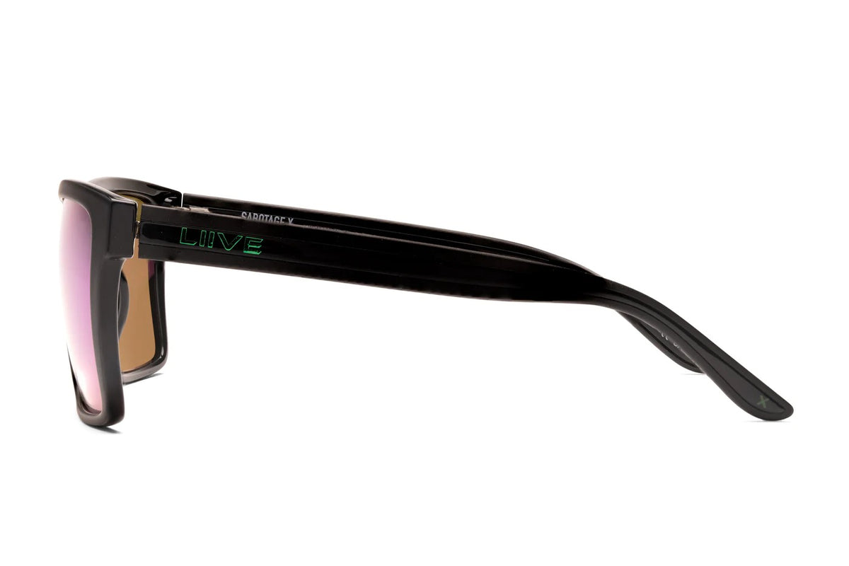 Side view of Liive X Sabotage X Mirror Polar Sunglasses, featuring a black ultra-lightweight frame with dark polarized lenses, a sleek design, and a slightly reflective finish. The arms sport a dark green "LIVE" logo.