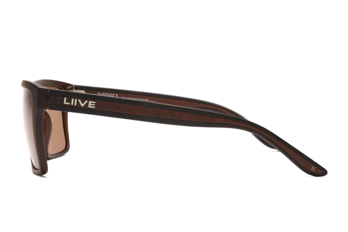 Side view of Liive X Sabotage X Polar sunglasses in brown with black accents. These sleek, lightweight frames have a smooth finish with "LIIVE" printed on the temple.