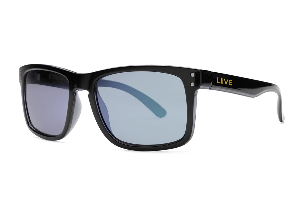 The Liive X Echo X Photochromatic Sunglasses have black frames, reflective blue, impact-resistant lenses, and a classic rectangular shape with the word "LIVE" in yellow on the left temple.