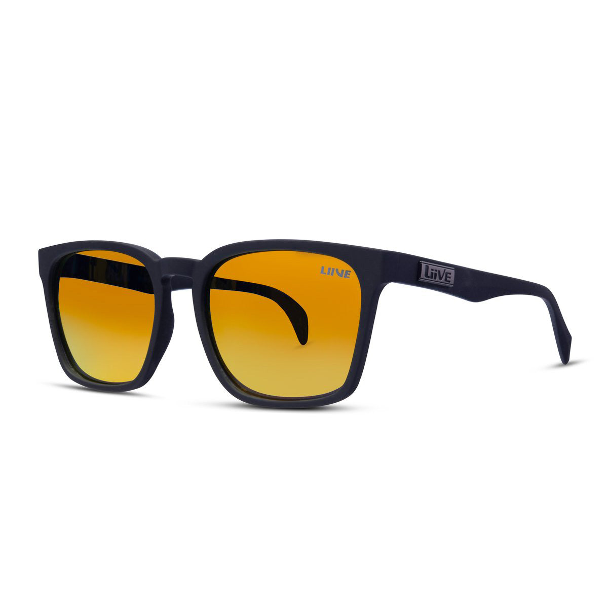 The Liive Alik Mirror Polar Sunglasses feature a rectangular black frame with gradient yellow-orange lenses. The left temple arm showcases the "Liive" brand logo in white text. These lightweight polycarbonate sunglasses provide UV protection and are displayed at a slight angle, highlighting both the front and side against a white background.