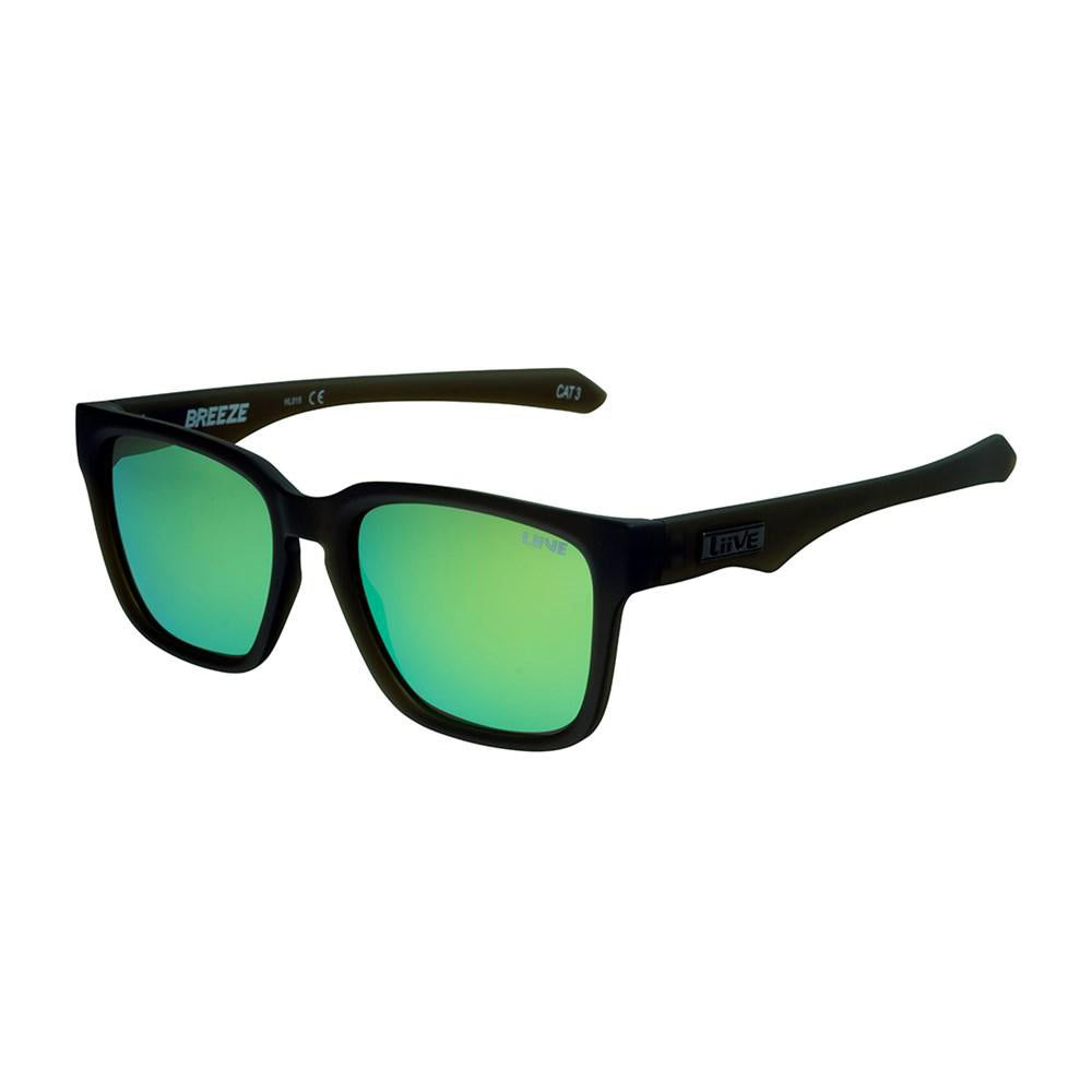 A pair of Liive Breeze Mirror Polar Sunglasses featuring reflective green lenses and UV protection. The left arm is inscribed with the word "BREEZE" in white text, showcasing their sleek design and cutting-edge floating frame technology.