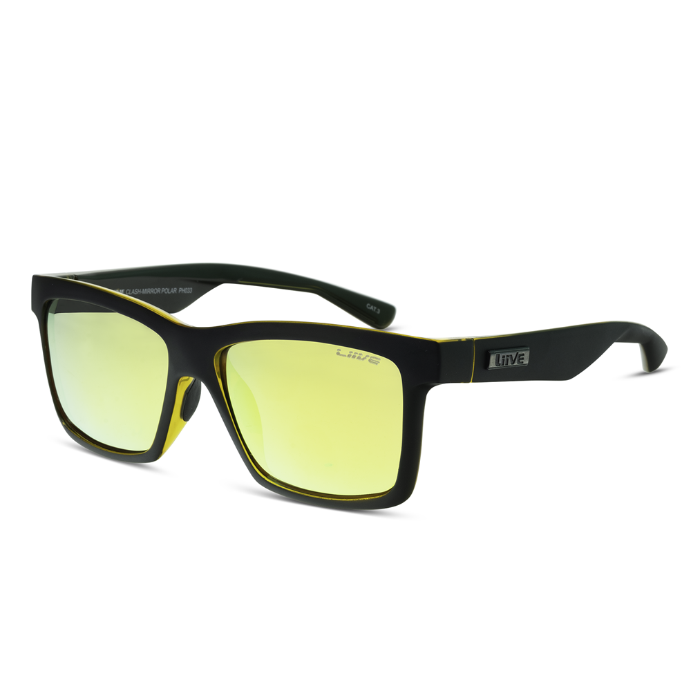 A pair of Liive Clash Mirror Polar Sunglasses, featuring black rectangular frames with yellow-tinted lenses. The inside of the frame is highlighted with a yellow lining, and the brand name "LIVE" is visible on the temple arms. These stylish sunglasses feature polycarbonate lenses that offer superior UV protection.