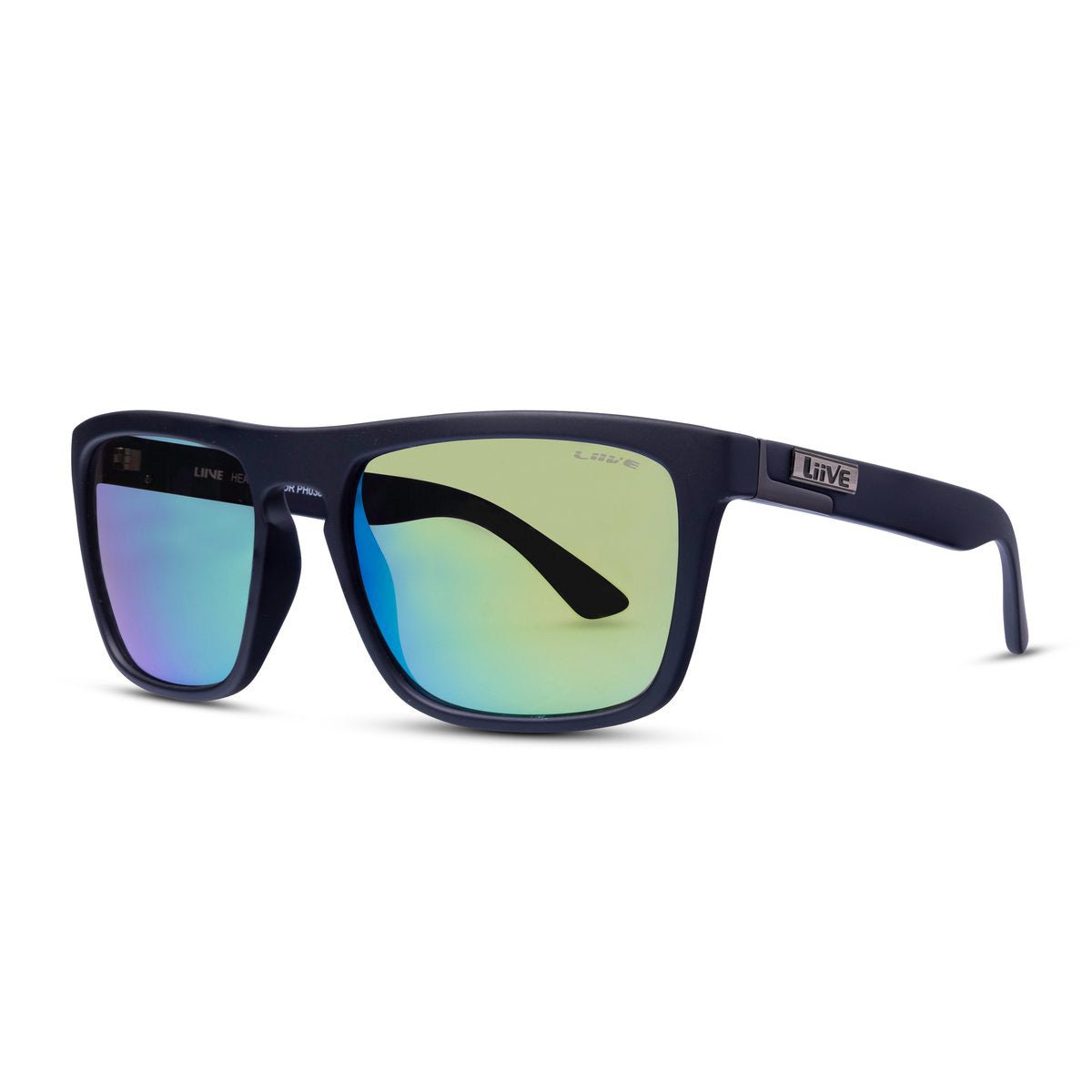 Introducing the Liive Heavy Mirror Sunglasses: a sleek and modern pair of stylish sunglasses featuring a matte black frame and green/blue mirror finish lenses. The left temple is adorned with a small silver logo, ensuring both fashion and functionality.