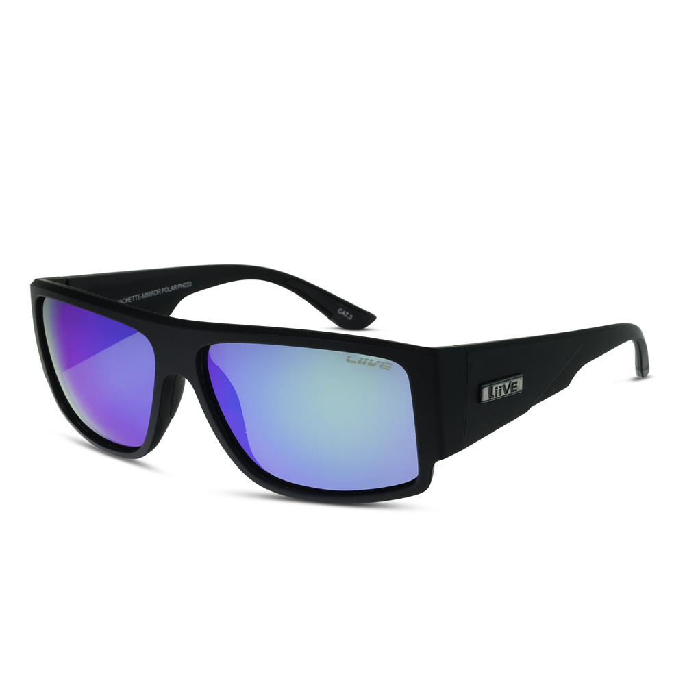 A pair of Liive Machette Mirror Polar Sunglasses featuring black, full-frame design with blue-tinted, reflective lenses and lightweight polycarbonate frames. The arms display the brand name "Liive" in silver. The sunglasses are photographed against a white background.