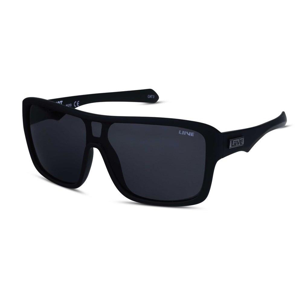 The Liive Verdict Polar Sunglasses are a pair of black rectangular polar sunglasses designed with thick, lightweight polycarbonate frames and grey polarized lenses. The temples are adorned with the word "LIVE," and there is a small cutout on the bridge of the nose. Additionally, white text detailing product information can be found on the inside of one temple.