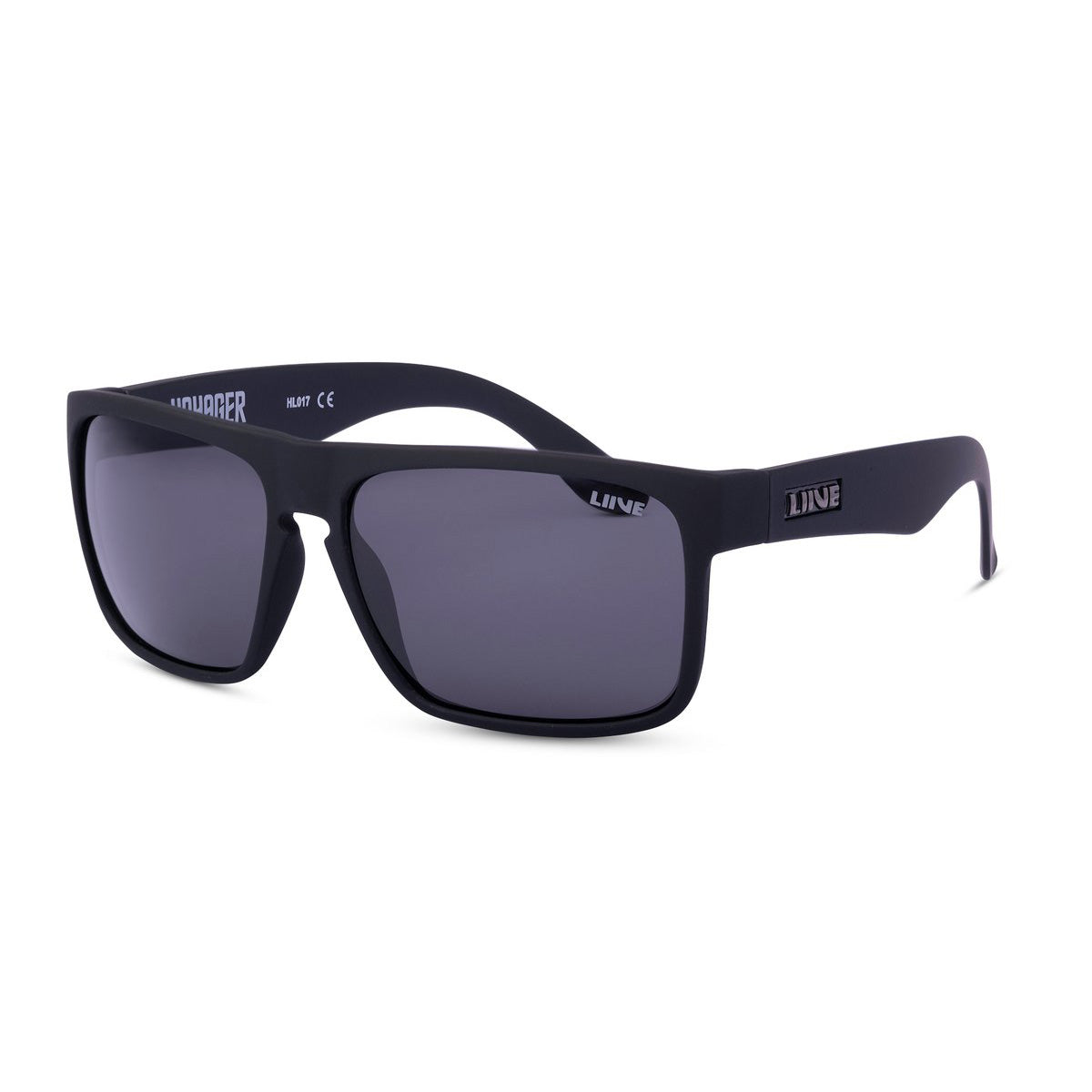 A pair of Liive Voyager Polar Sunglasses featuring a black frame with thick, angular design, dark tinted polarised lenses for optimal UV protection, and the brand name "LINE" elegantly printed on the temple arms, providing a bold and sleek style.