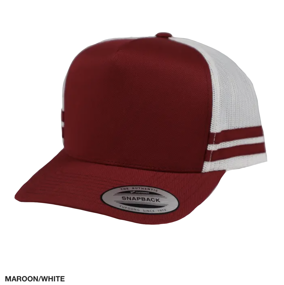 The FlexFit Stripe Cap features a maroon front and bill, complemented by white mesh sides and back with two maroon stripes. The high-profile, structured design includes a round "Snapback" sticker on the bill and an adjustable strap for a lightweight feel.