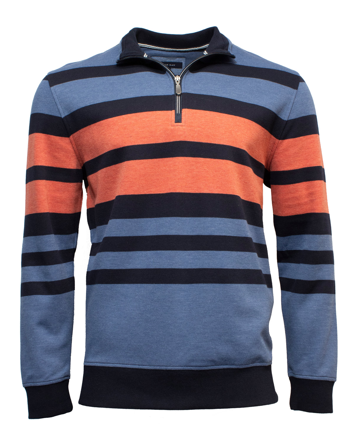 The Back Bay Pique Stripe Fleece is a long-sleeve, quarter-zip sweater featuring horizontal stripes in blue, orange, and black. This comfortable jumper boasts a stand-up collar with a zipper and ribbed cuffs and hem, making it perfect for casual outings in Back Bay.