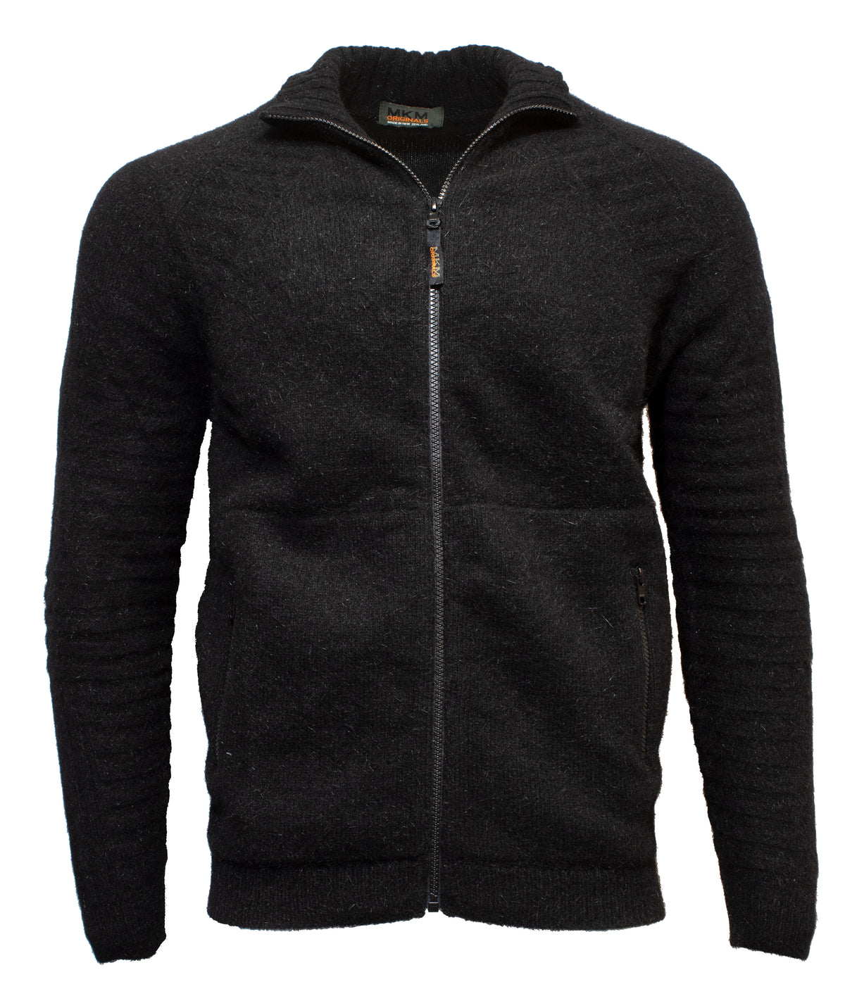 The MKM Rural Full Zip Jacket is a black, full-zip cardigan featuring long sleeves, ribbed cuffs, and two front pockets. This casual jacket includes a high collar and visible zipper for added style. Crafted from recycled possum fibre for an eco-friendly touch, it provides comfort suitable for cooler weather and showcases inspiration from New Zealand craftsmanship.