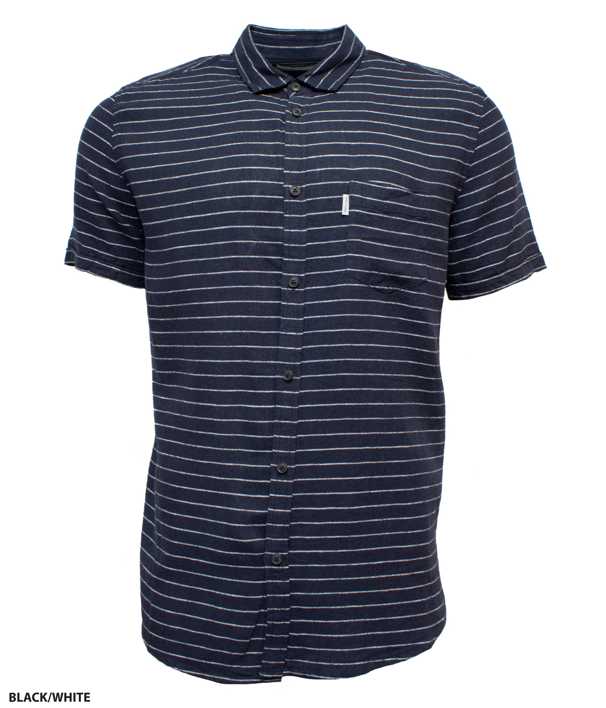 The Industrie The Santa Fe S/S Shirt is a casual, short-sleeved, button-up shirt with horizontal black and white stripes. It features a front pocket on the left chest, a collar, and appears to be made from a lightweight linen blend for comfortable wear. The bottom left corner of the image shows the text "BLACK/WHITE".