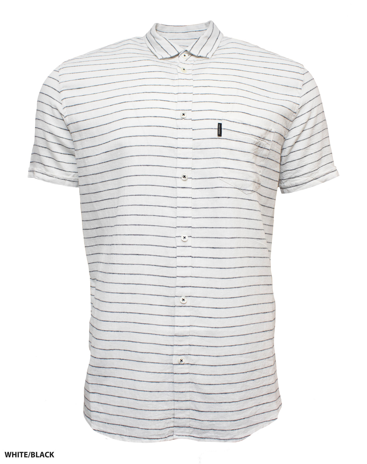 The Industrie The Santa Fe S/S Shirt is a comfortable white short-sleeved button-up featuring thin black horizontal stripes. It includes a chest pocket with a small black tag and has a traditional collar. Made from a linen blend fabric, it ensures a casual fit perfect for any relaxed occasion.