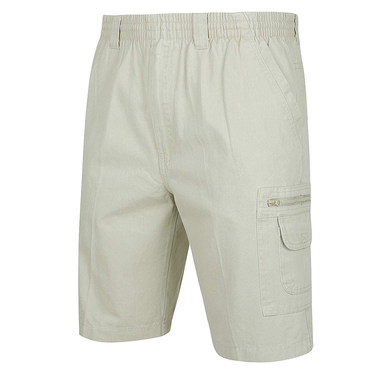 The Label One Cotton Cargo Short is a stylish pair of beige shorts made from cotton blends. These shorts include an elastic waistband and drawstring for comfort, and feature multiple cargo pockets—such as a large side pocket equipped with both a flap and zipper. Their casual design makes them perfect for outdoor activities.