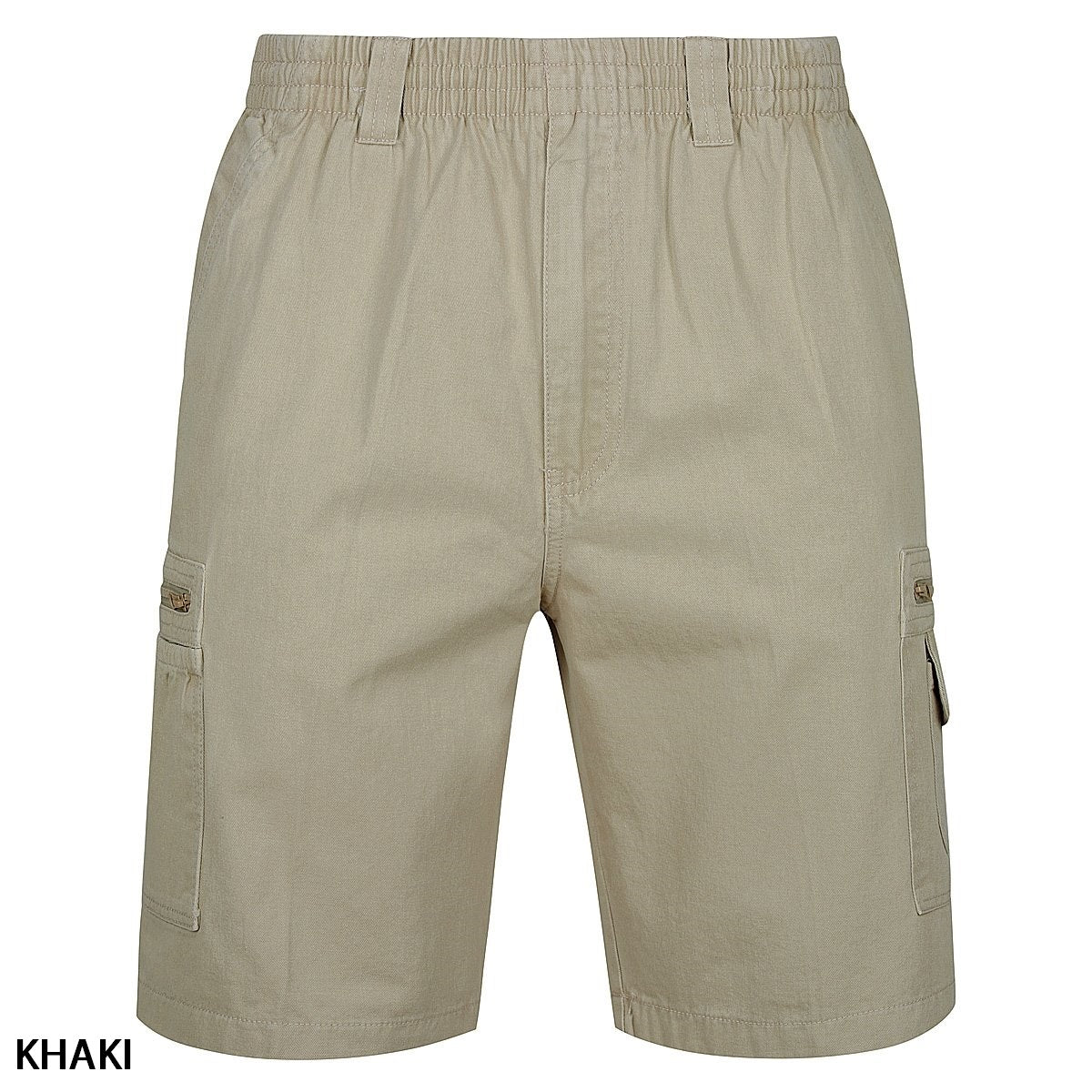 Label One Cotton Cargo Short in khaki for men features a lightweight cotton material, perfect for casual wear. Designed with an elastic waistband, it includes two side cargo pockets with button closures and two standard front pockets. The word "KHAKI" is written in the bottom left.