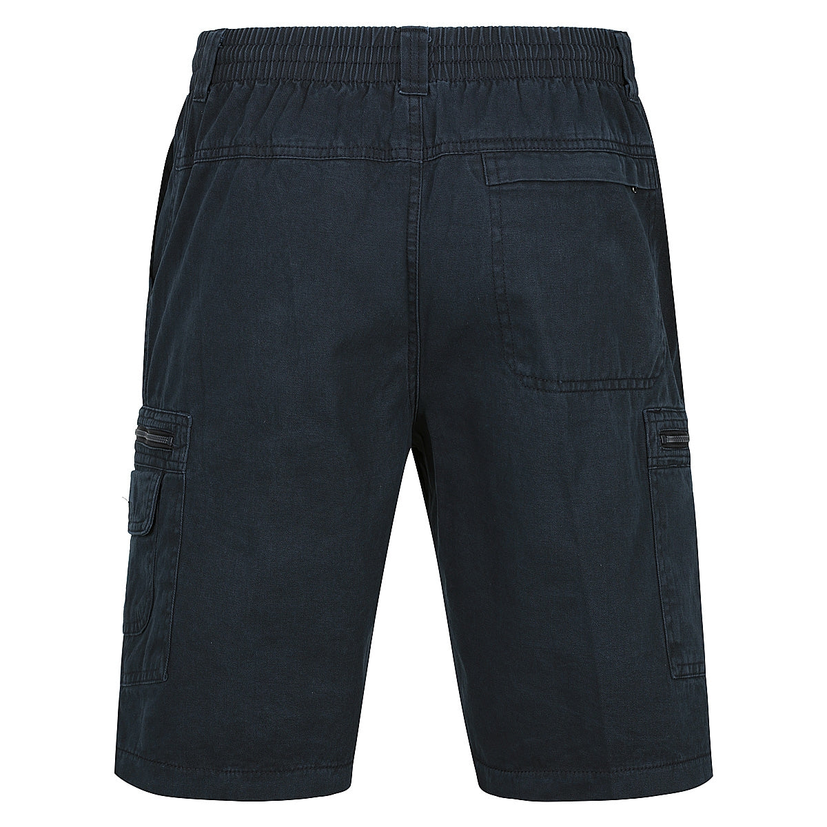 A back view of the Label One Cotton Cargo Shorts in dark blue. These casual shorts have an elastic waistband, a single back pocket on the right side, and cargo pockets on each side with flap closures. The sturdy fabric makes them ideal for everyday wear.
