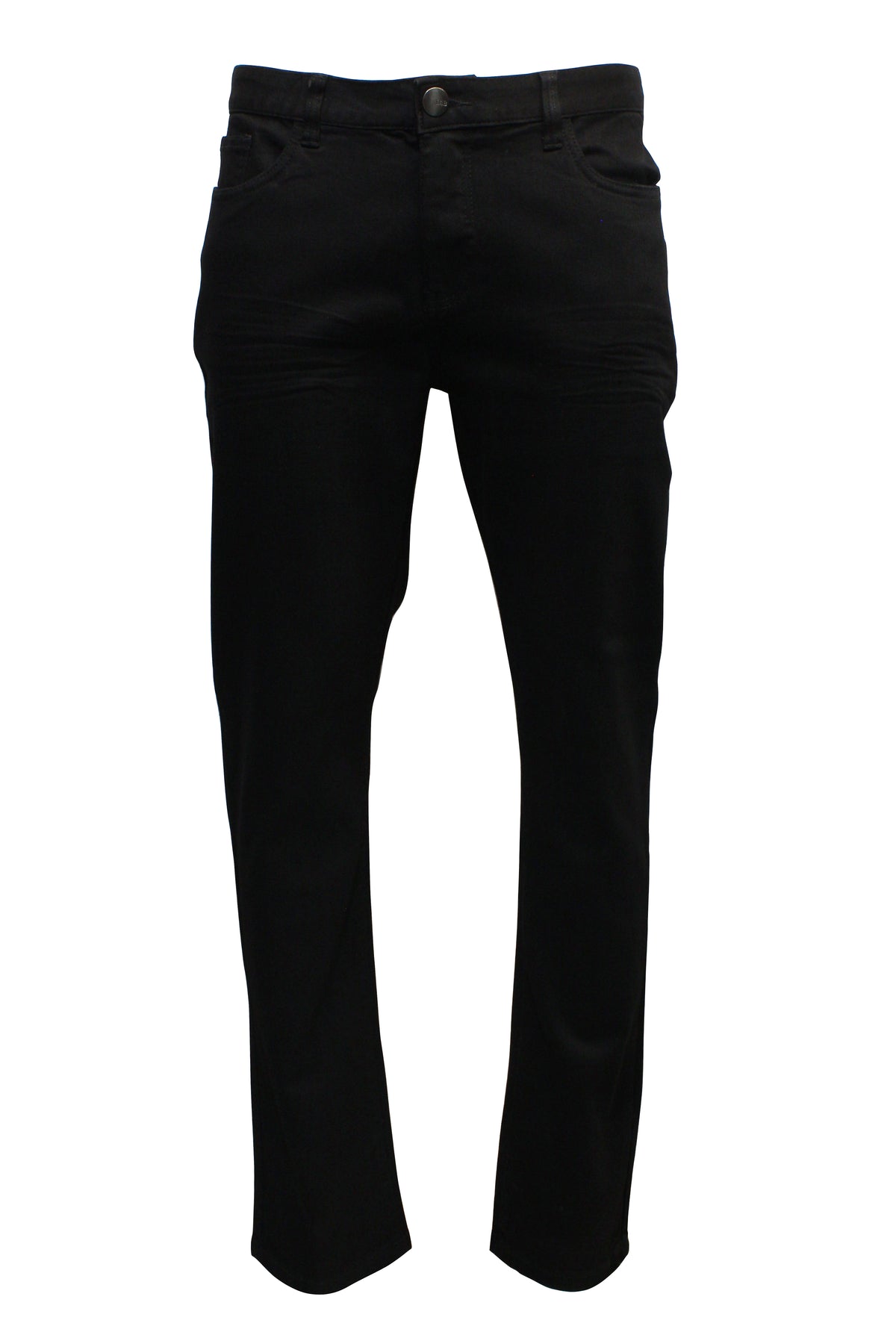The Nobleman Slim Straight Jean, with black pants and a clean design on a white background, features a buttoned waistband, classic pockets, and no visible brand markings for a stylish and sophisticated slim straight-leg fit.