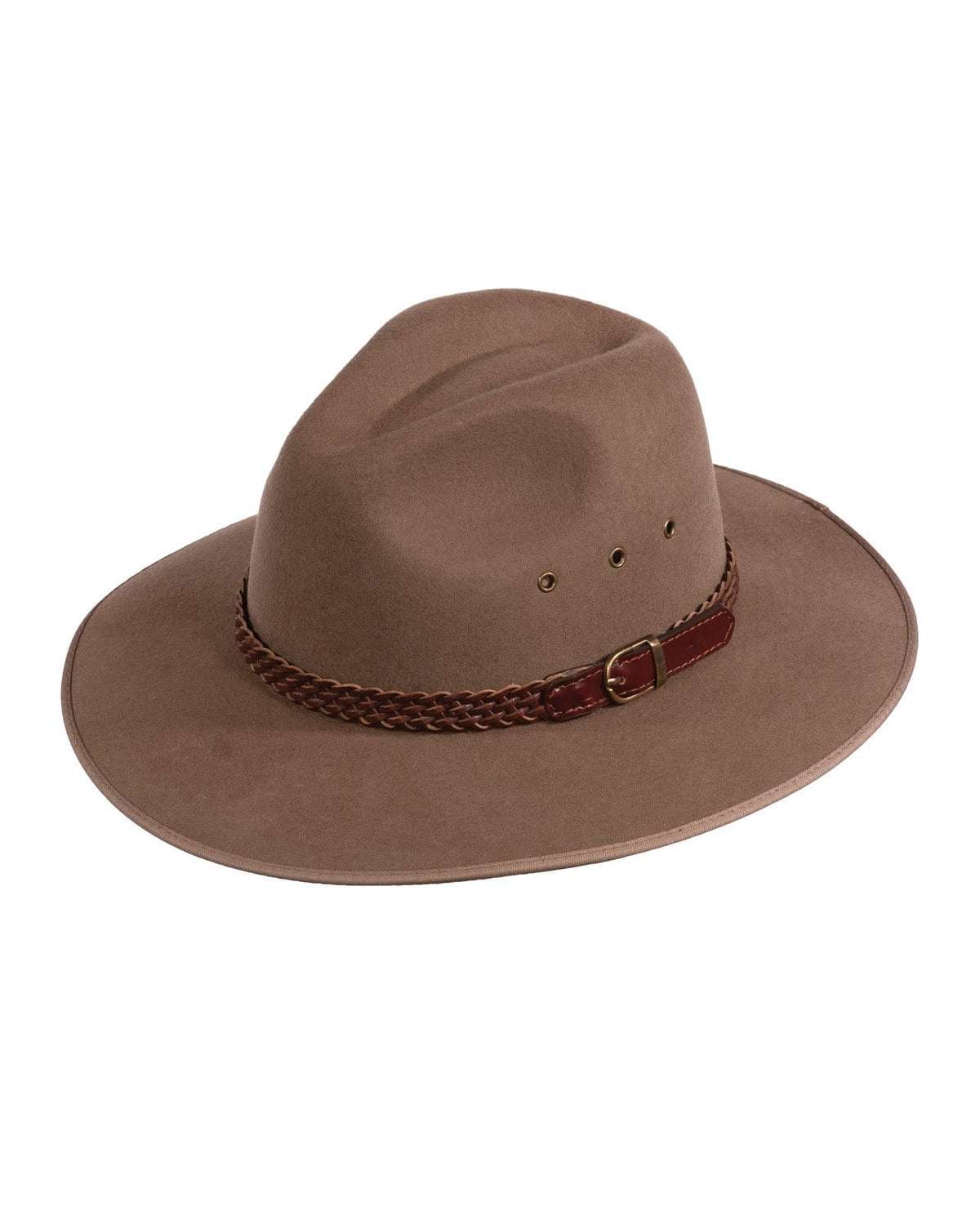The Outback South Fork Wool Hat is a brown wide-brimmed hat made of high-quality wool, featuring a leather braided band with a small buckle around the base of the crown. This Outback-style hat also includes ventilation eyelets on either side.