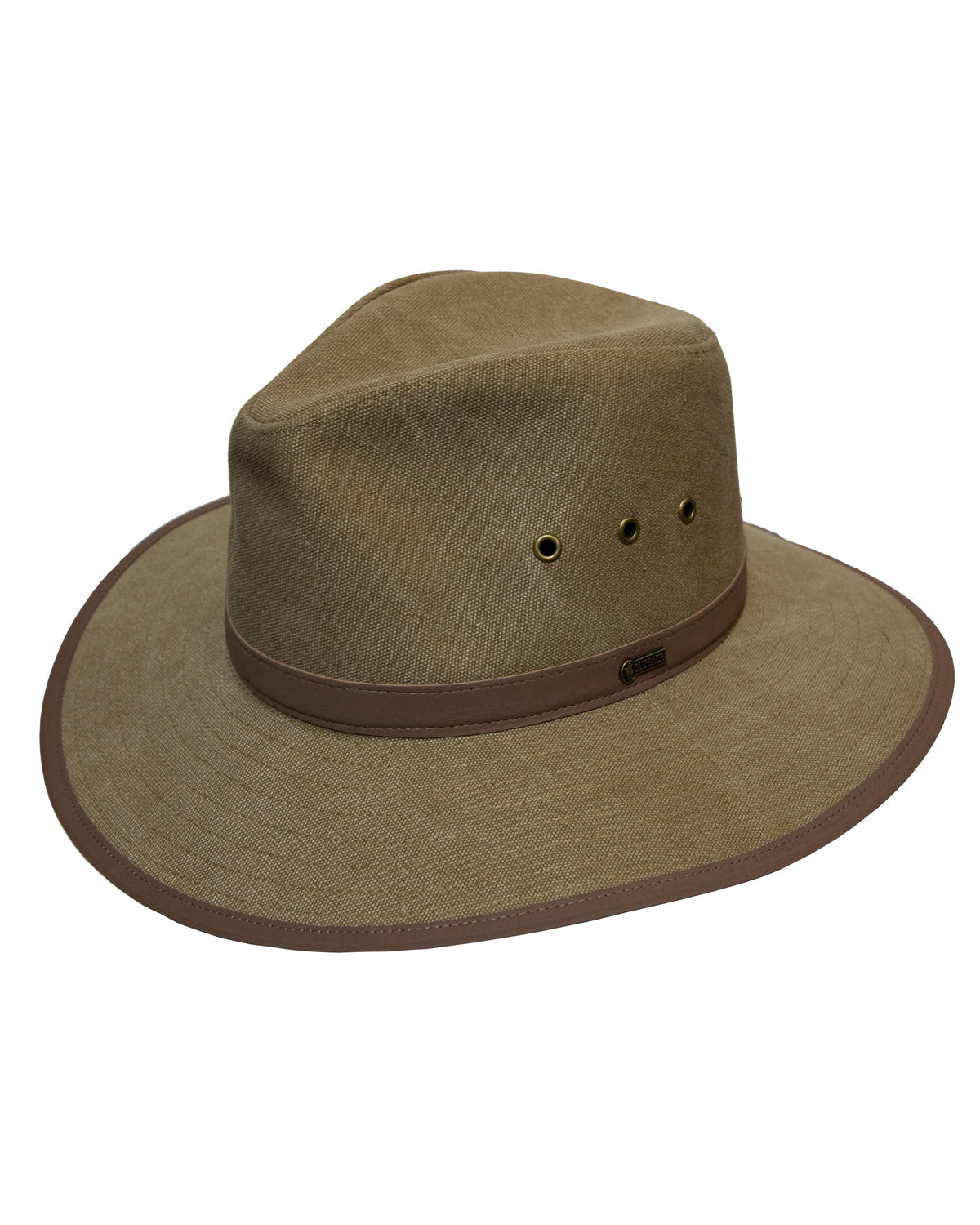 The Outback Flinders Canvas Hat is a brown wide-brimmed safari hat made from durable cotton canvas, featuring three ventilation eyelets on each side and a darker brown trim on the brim and hatband—ideal for outback exploration.