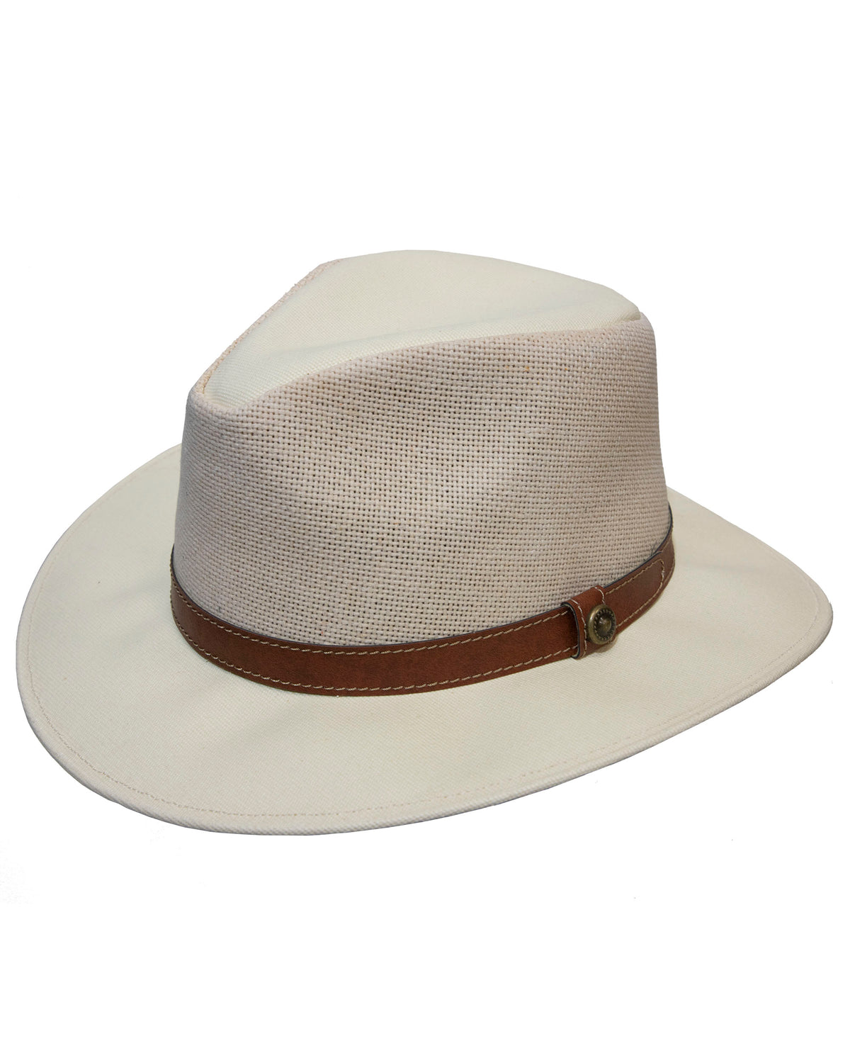 A beige, wide-brimmed Outback Freemantle Straw Hat made of textured fabric. It features a leather hatband around the base of the crown, fastened by a small metallic button on one side. The hat has a classic, stylish look suitable for both formal and casual settings.
