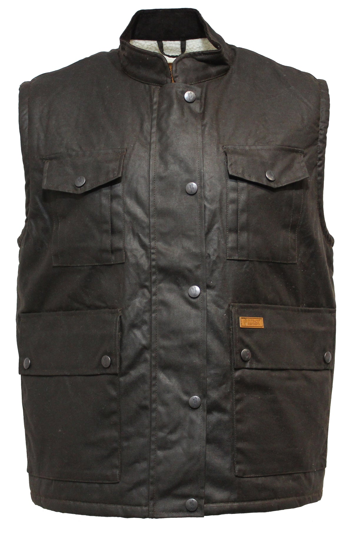 The Outback Caulfield Oilskin Vest is a sleeveless dark brown vest that features a high collar, front button closures, and dual chest pockets with flaps. Made from durable Australian oilskin fabric, it also includes two lower pockets with snap buttons for added style and weather resistance.