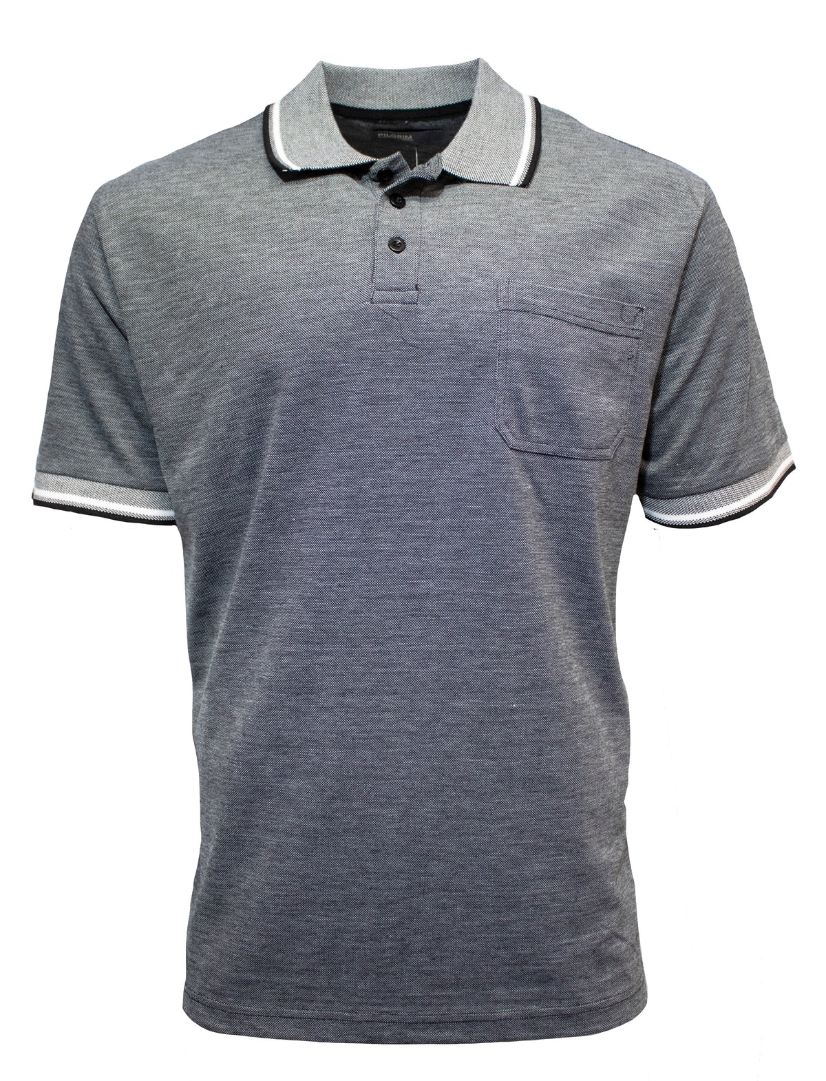 The Pilgrim Birdseye Polo Shirt is a comfortable polo featuring a rib knit collar and a chest pocket. This plain grey shirt is designed with white accents on the collar and sleeve cuffs, making it perfect for casual occasions. The material appears to be soft and cozy.