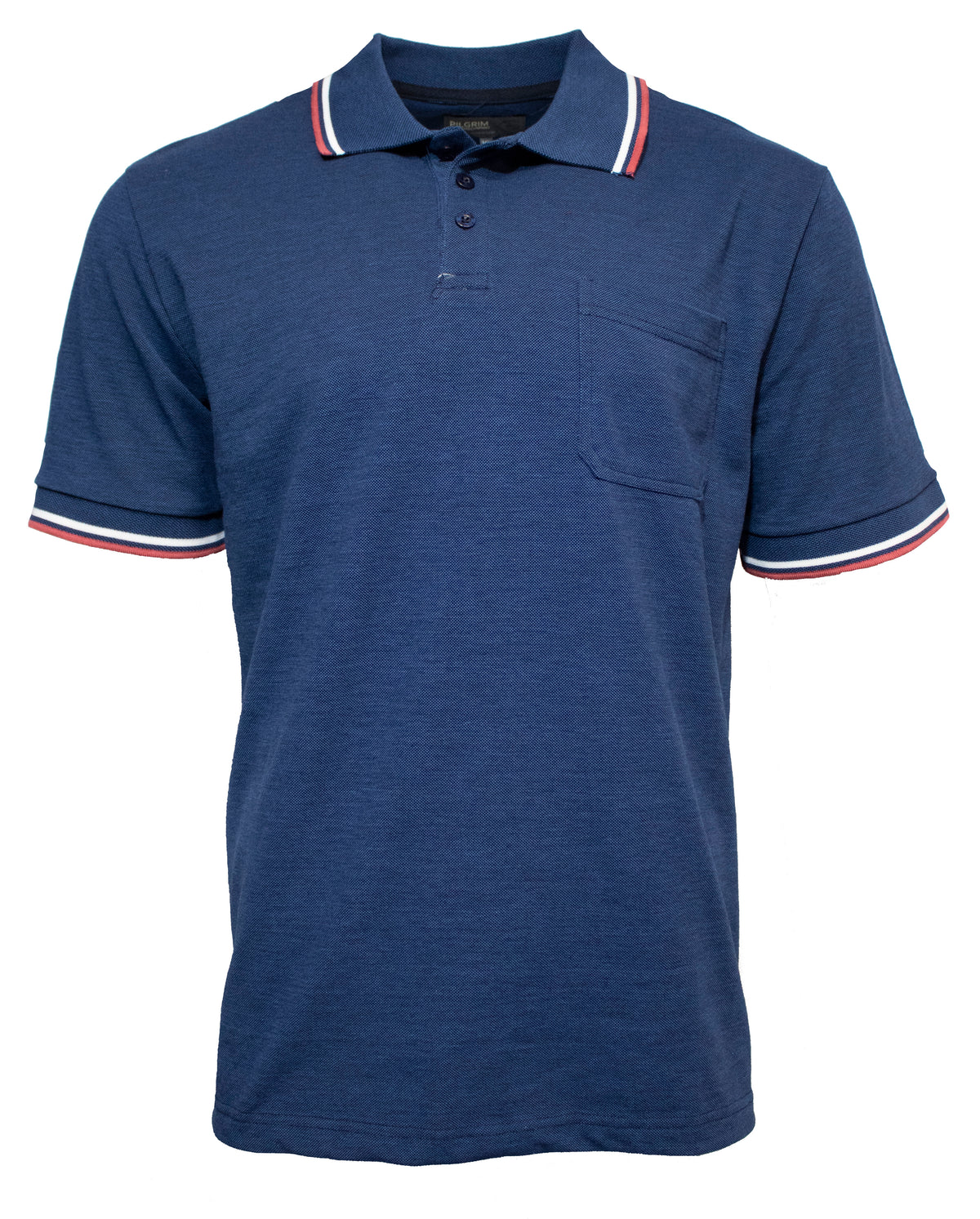 The Pilgrim Birdseye Polo Shirt is a comfortable blue polo shirt with short sleeves, featuring red, white, and blue striped cuffs and a rib knit collar. It also includes a two-button placket and a small chest pocket on the left side.