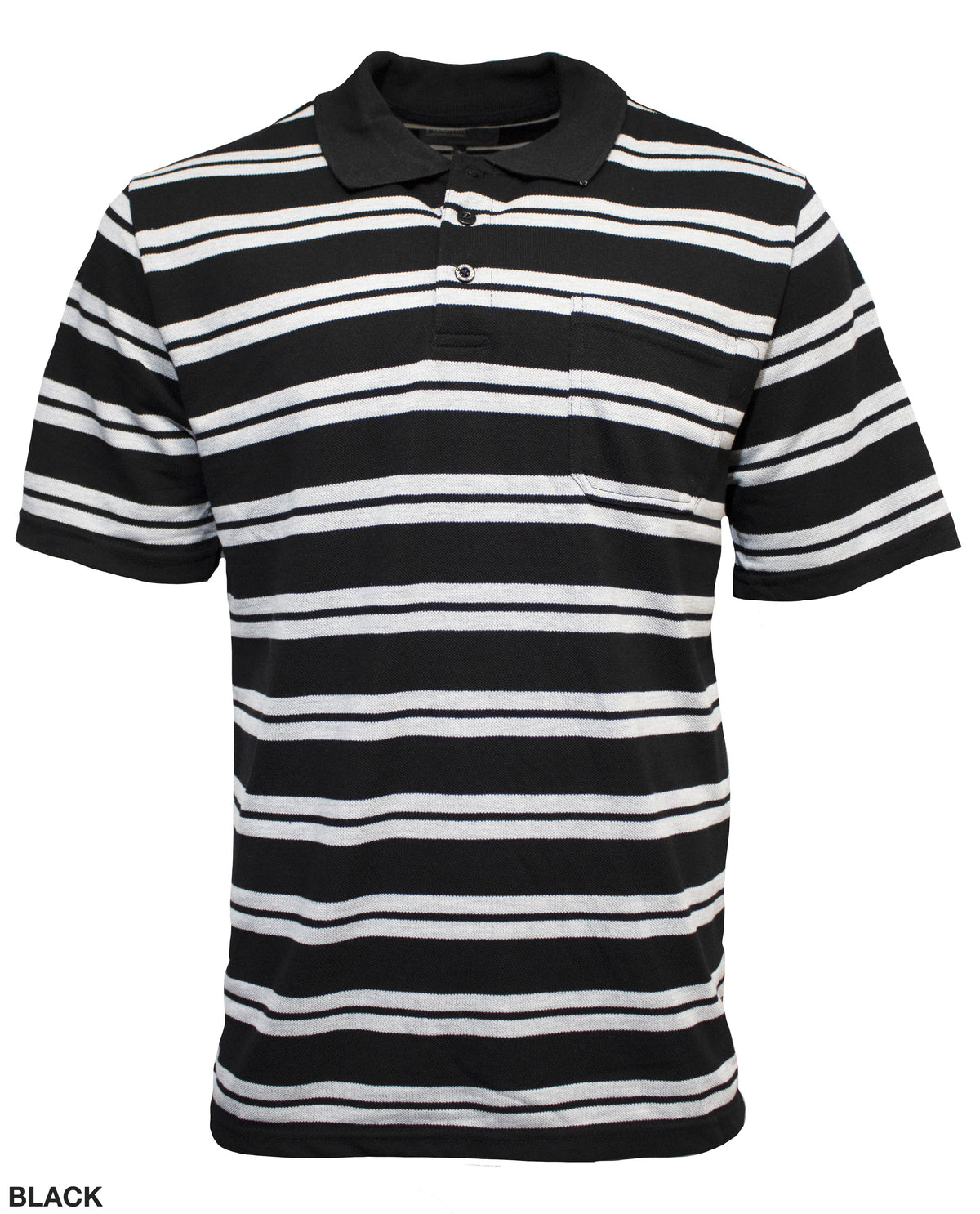 The Pilgrim Yarn Dyed Stripe Polo is a casual black shirt with white and gray stripes, featuring a classic collar, short sleeves, and a handy chest pocket.