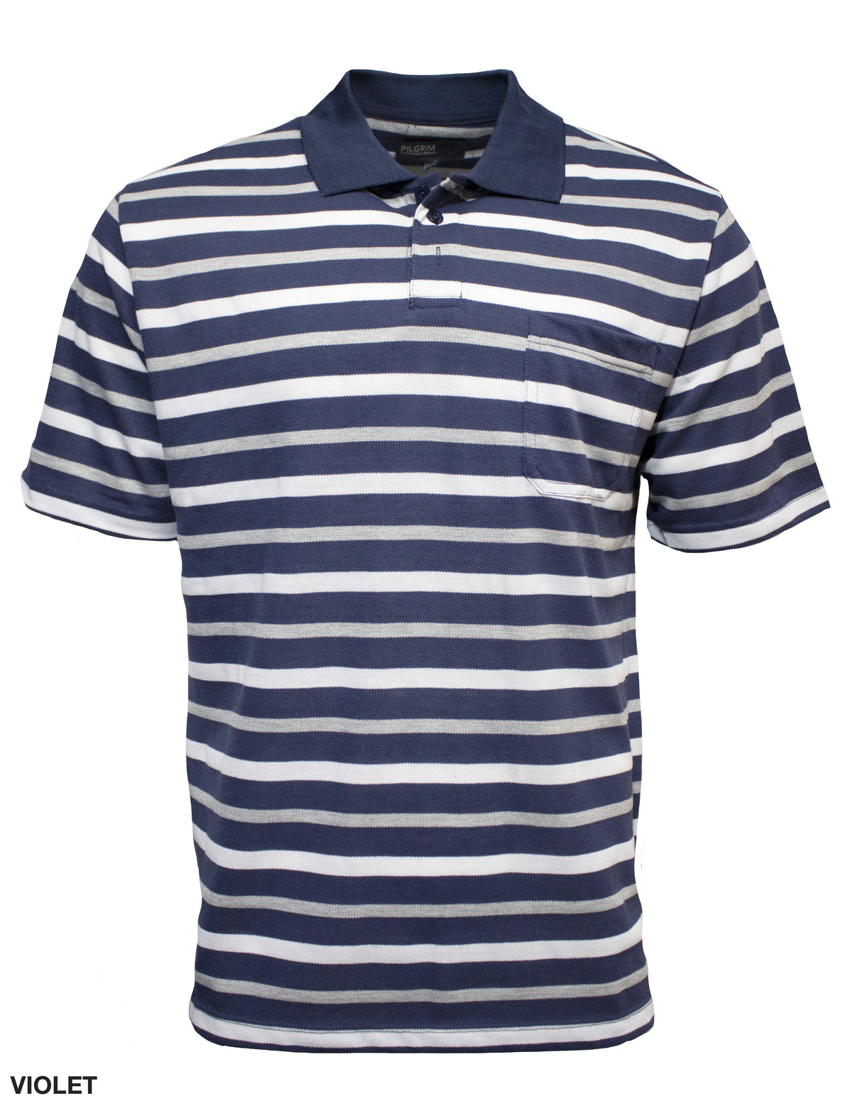 The Pilgrim Yarn Dyed Stripe Polo is a casual, short-sleeved shirt with navy and white horizontal stripes, a classic collar, short button placket, and a left chest pocket—ideal for the modern pilgrim seeking timeless style.