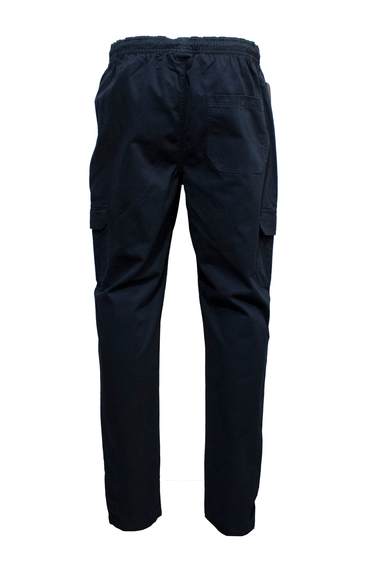 Rear view of the Pilgrim Cargo Twill Beach Pant in black. These pants come with an elastic waistband, side pockets, and a back pocket on the right side. Offering a standard fit and a casual, relaxed look akin to comfortable shorts, they are crafted from lightweight material perfect for everyday wear.